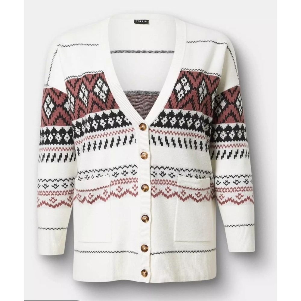 Torrid Cardigan 4X White Fair Isle Luxe Cozy Boyfriend Boho Cottage Western NWT